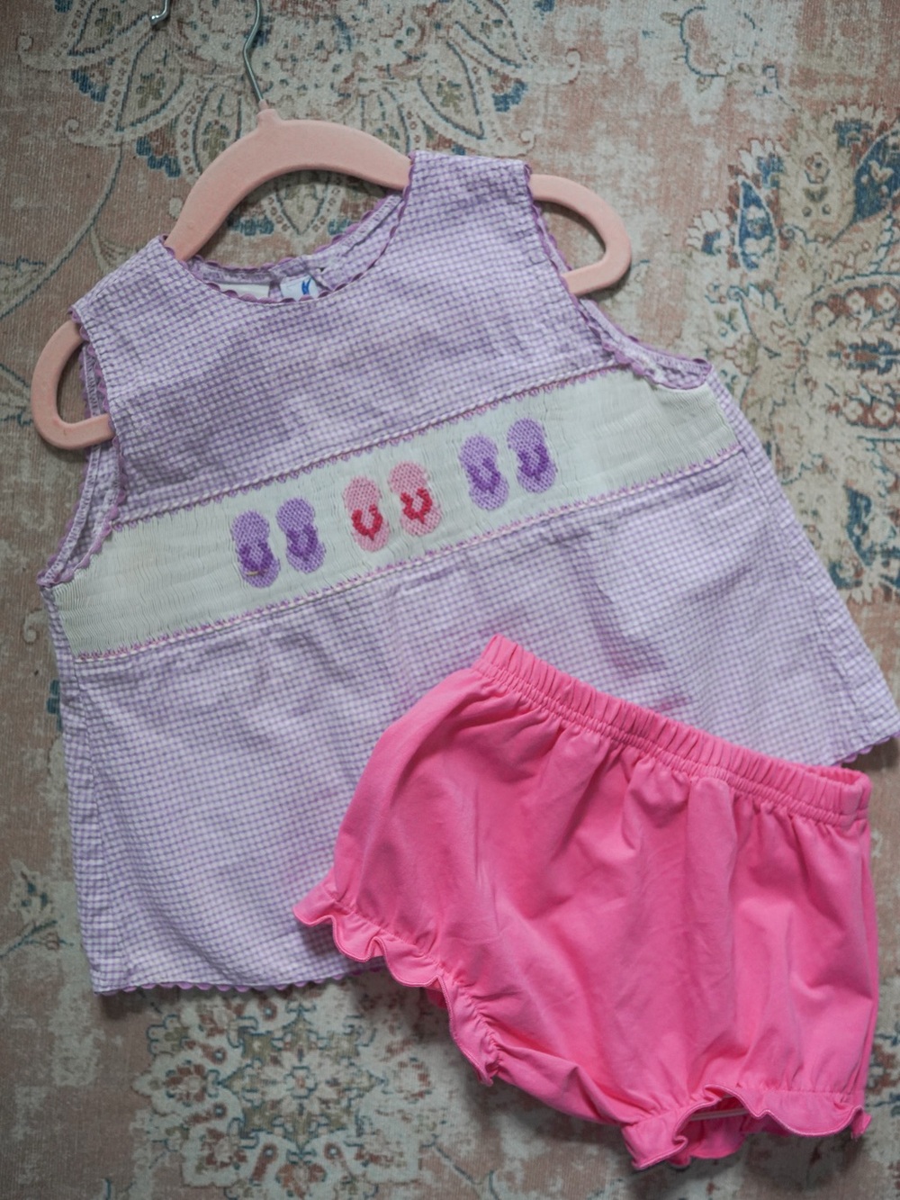 Vintage 4T Beach Flip Flop Lavender Smocked Top & Pink Bloomers Kids Set